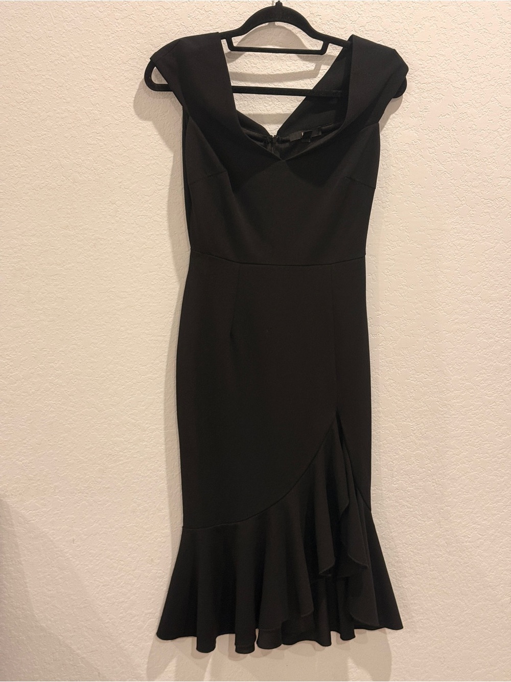 Off-Shoulder Black Midi‎ Dress with Asymmetric Ruffle Hem